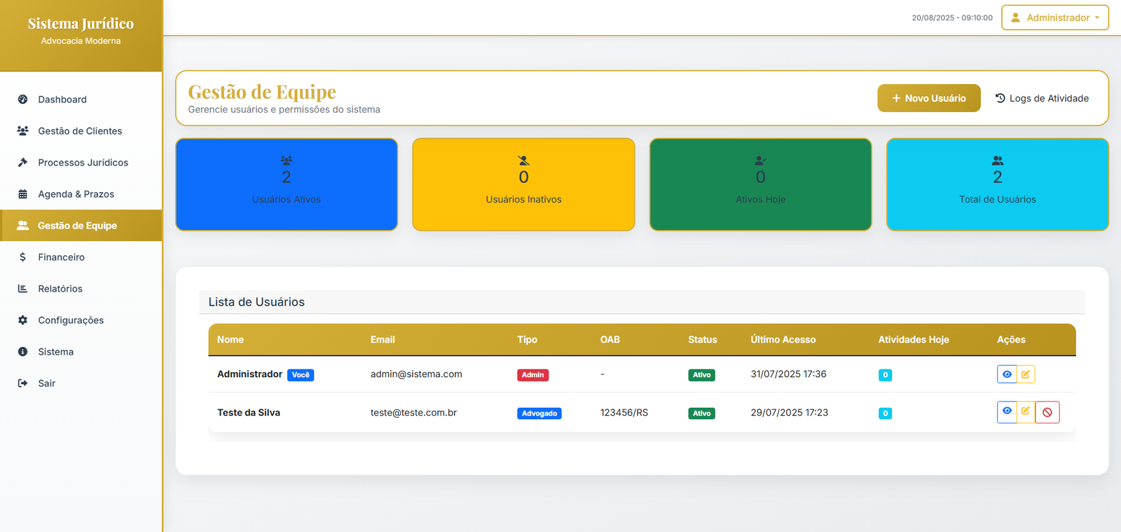 Gestão de equipe do sistema de advocacia